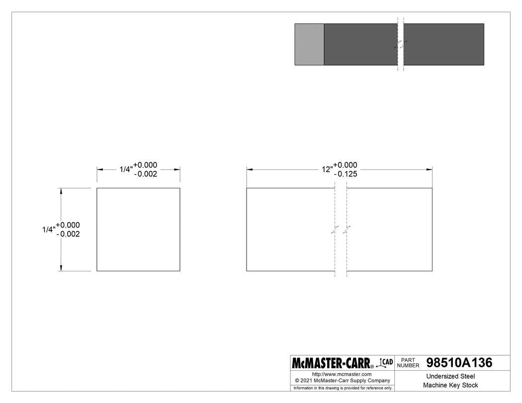 Technical Drawing of Undersized Steel Machine Key Stock, Zinc-Plated, 1/4" x 1/4", 12" Long.